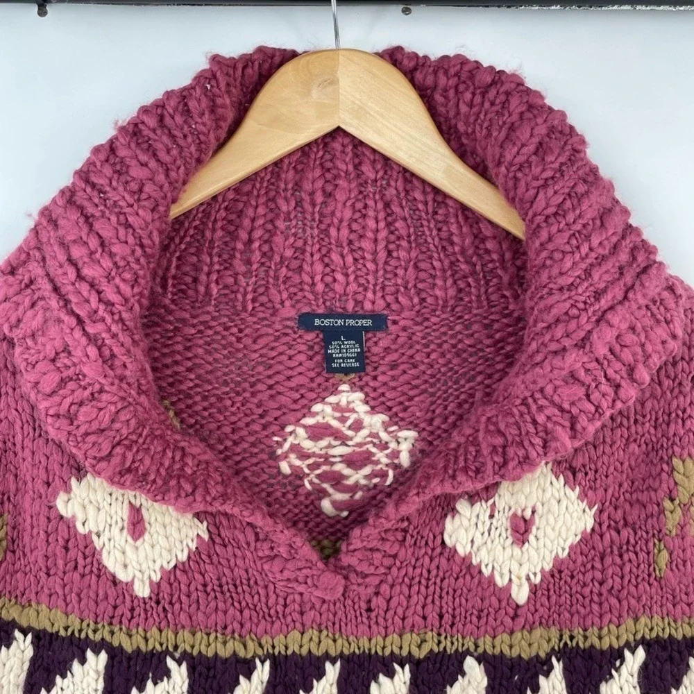 Boston Proper Sweater Poncho Women L Chunky Knit Boho Pink Purple‎ Nordic